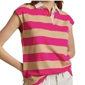 Anthropologie Maeve Porter Striped Polo Top Sleeveless Size X-Small Pink/Tan